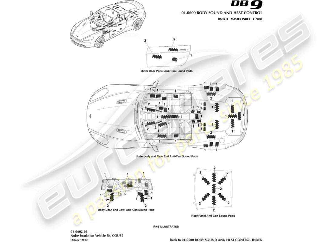 aston martin db9 (2016) geräuschisolierung, coupé-teilediagramm