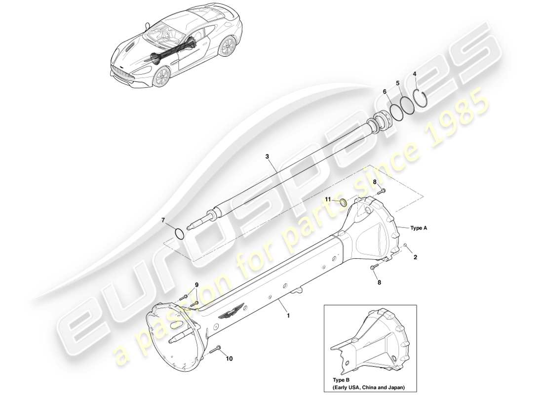 aston martin vanquish (2014) drehmomentrohrbaugruppe, 6 spd ersatzteildiagramm