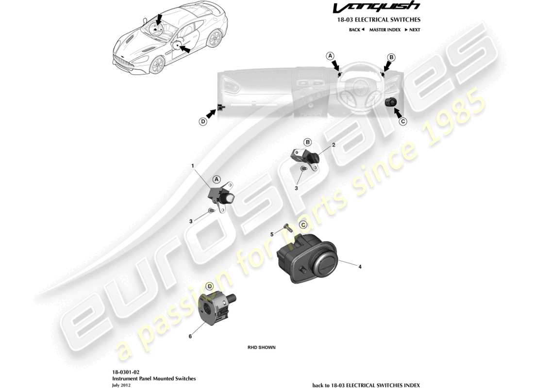 aston martin vanquish (2018) ip-switches teilediagramm