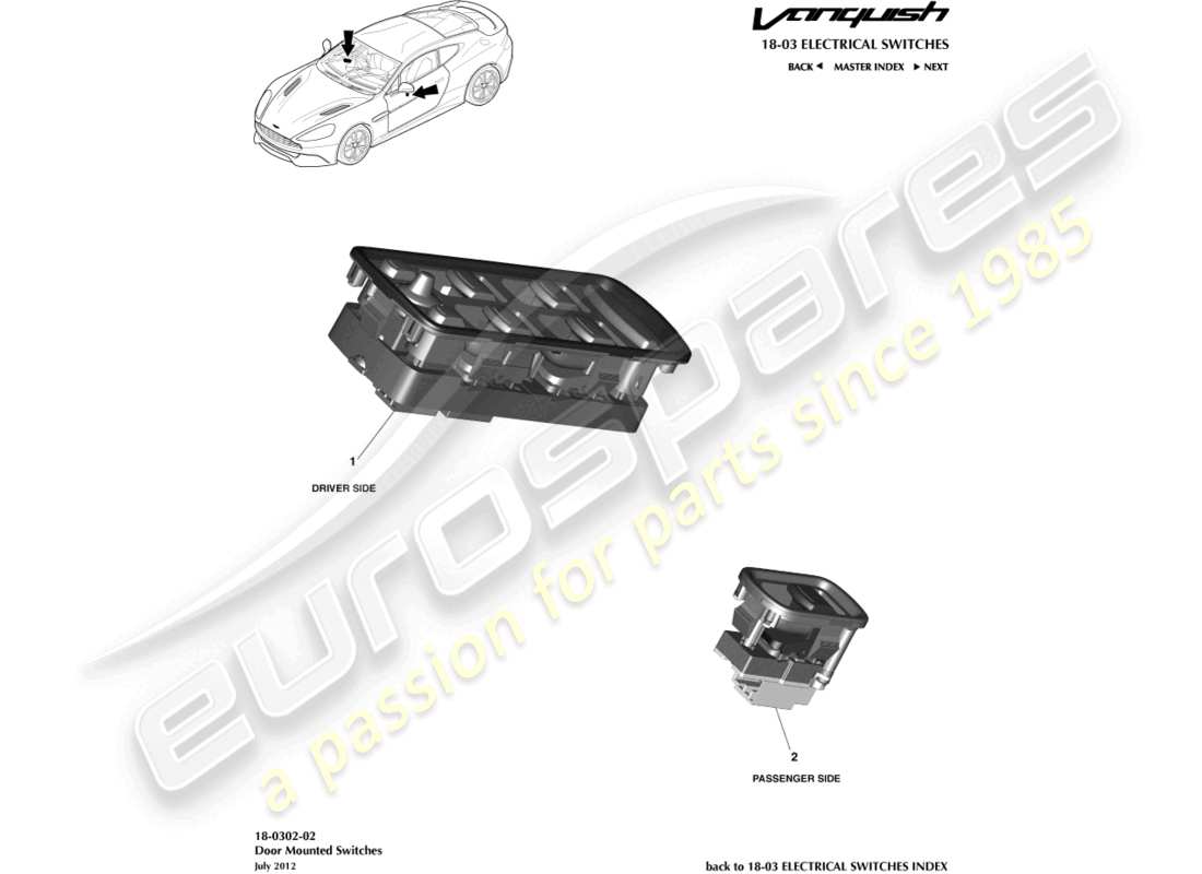 aston martin vanquish (2018) türmontierte schalter teilediagramm