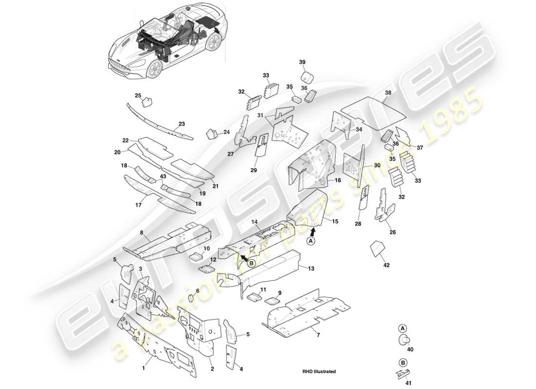 aston martin vanquish (2014) geräuschisolierung, volante-teilediagramm
