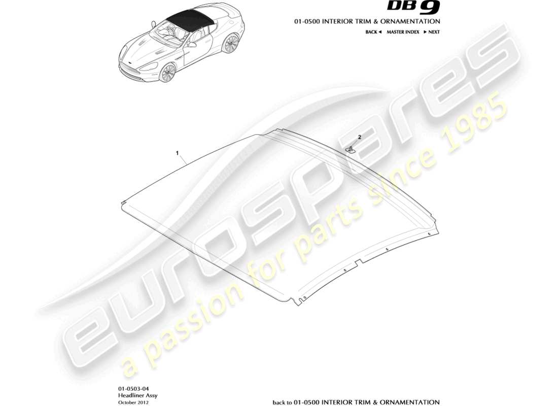 aston martin db9 (2014) teilediagramm der dachhimmelbaugruppe