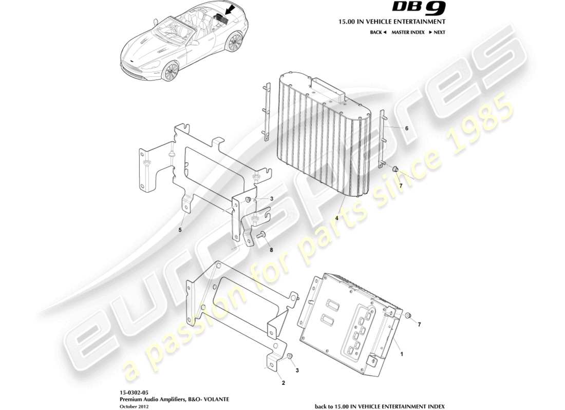 aston martin db9 (2016) verstärker, b&o, volante-teilediagramm