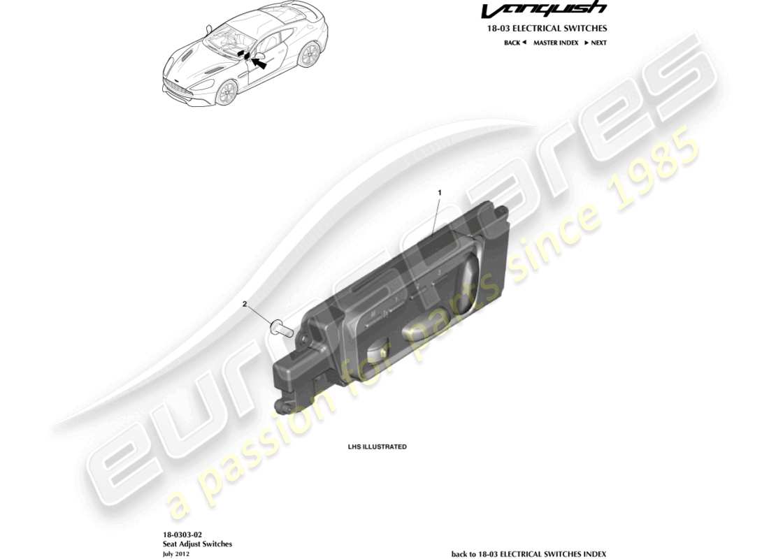 aston martin vanquish (2017) teilediagramm für sitzverstellungsschalter