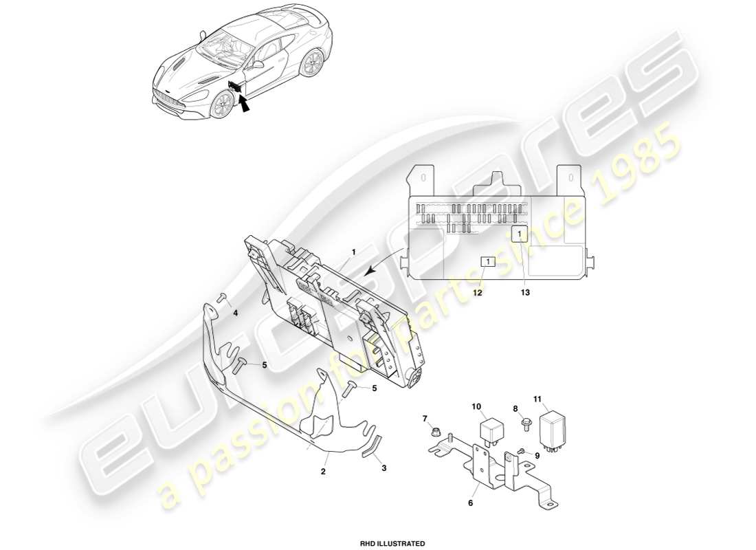 aston martin vanquish (2013) teilediagramm des sicherungskastens im fahrgastraum