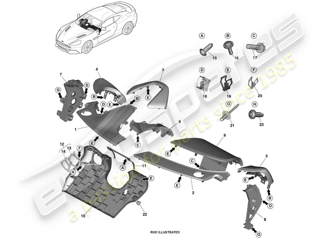 aston martin vanquish (2013) teilediagramm für ip-beschnittene platten