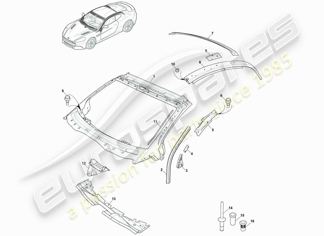 aston martin vanquish (2013) karosserie, armaturenbrett und motorhaube, coupé-teilediagramm
