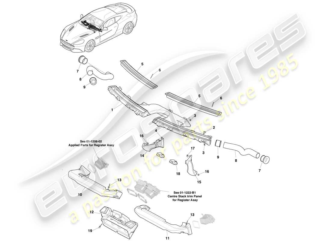 aston martin vanquish (2013) teilediagramm der luftverteilungskomponenten
