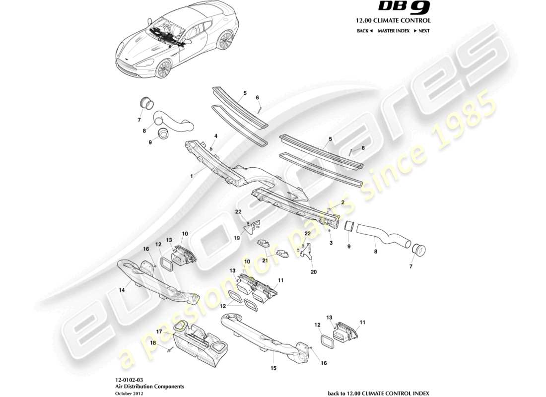 aston martin db9 (2014) teilediagramm der luftverteilungskomponenten