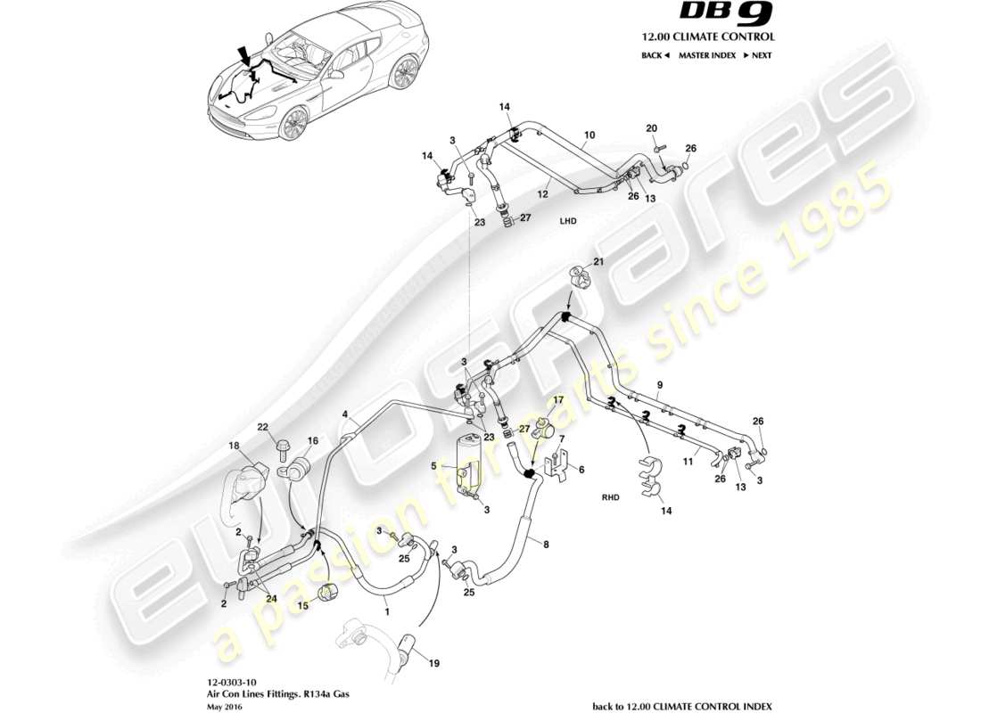 aston martin db9 (2014) klimaanlagenleitungen, r134a gasteildiagramm