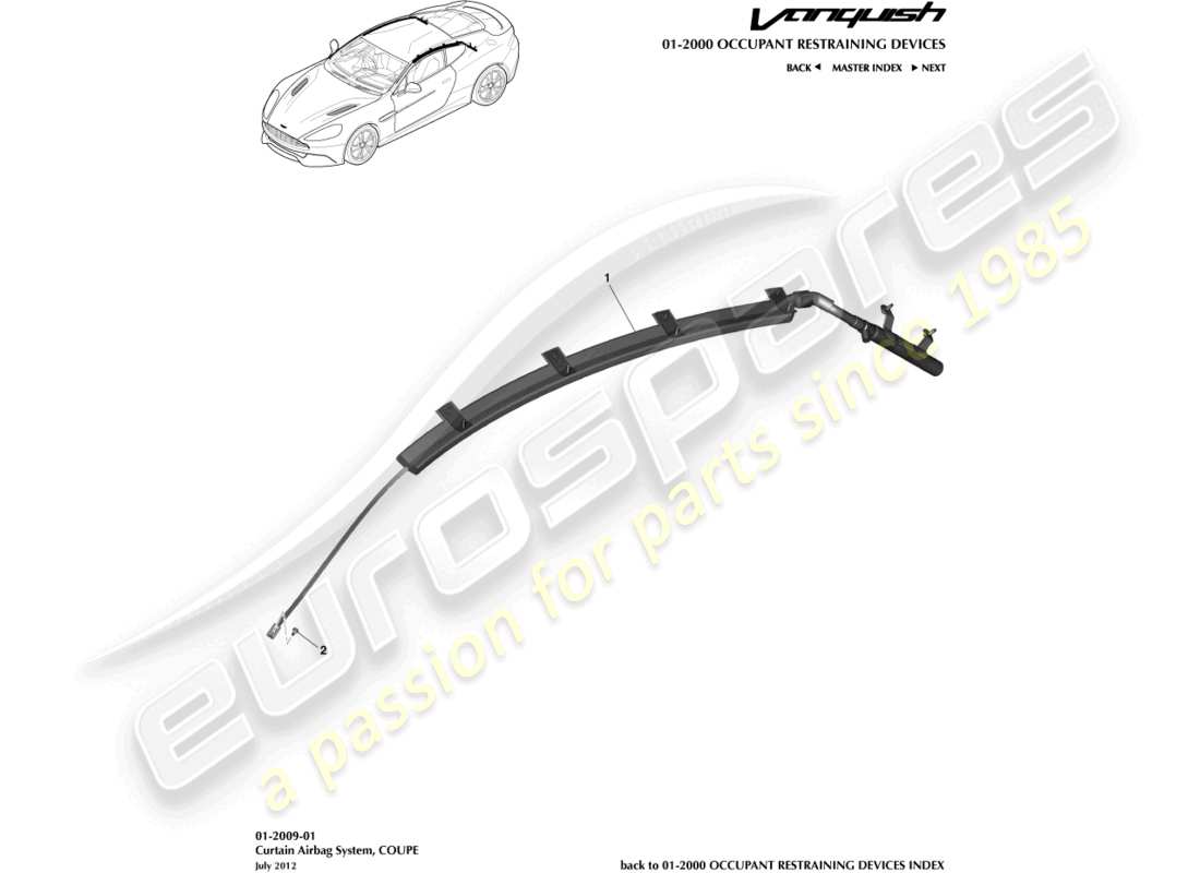 aston martin vanquish (2015) vorhangairbag, coupé-teilediagramm