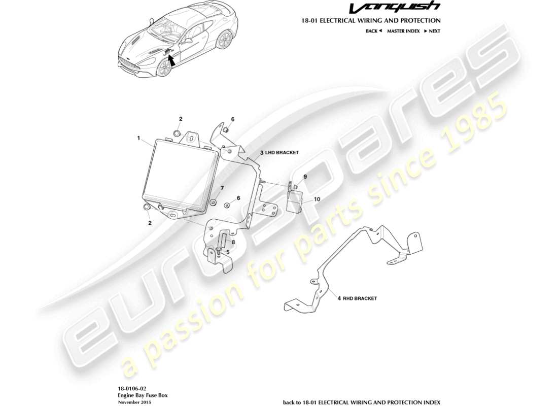 aston martin vanquish (2016) teilediagramm des sicherungskastens im motorraum
