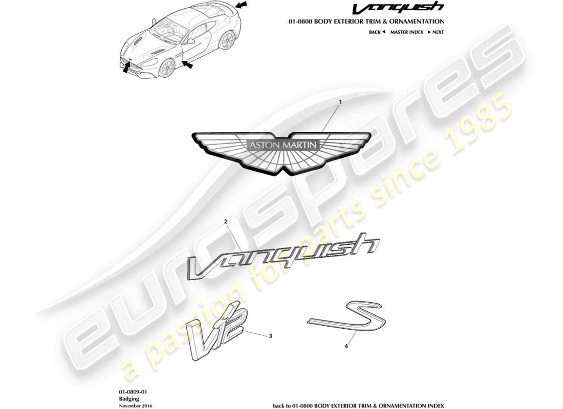 aston martin vanquish (2018) teilediagramm mit kennzeichen