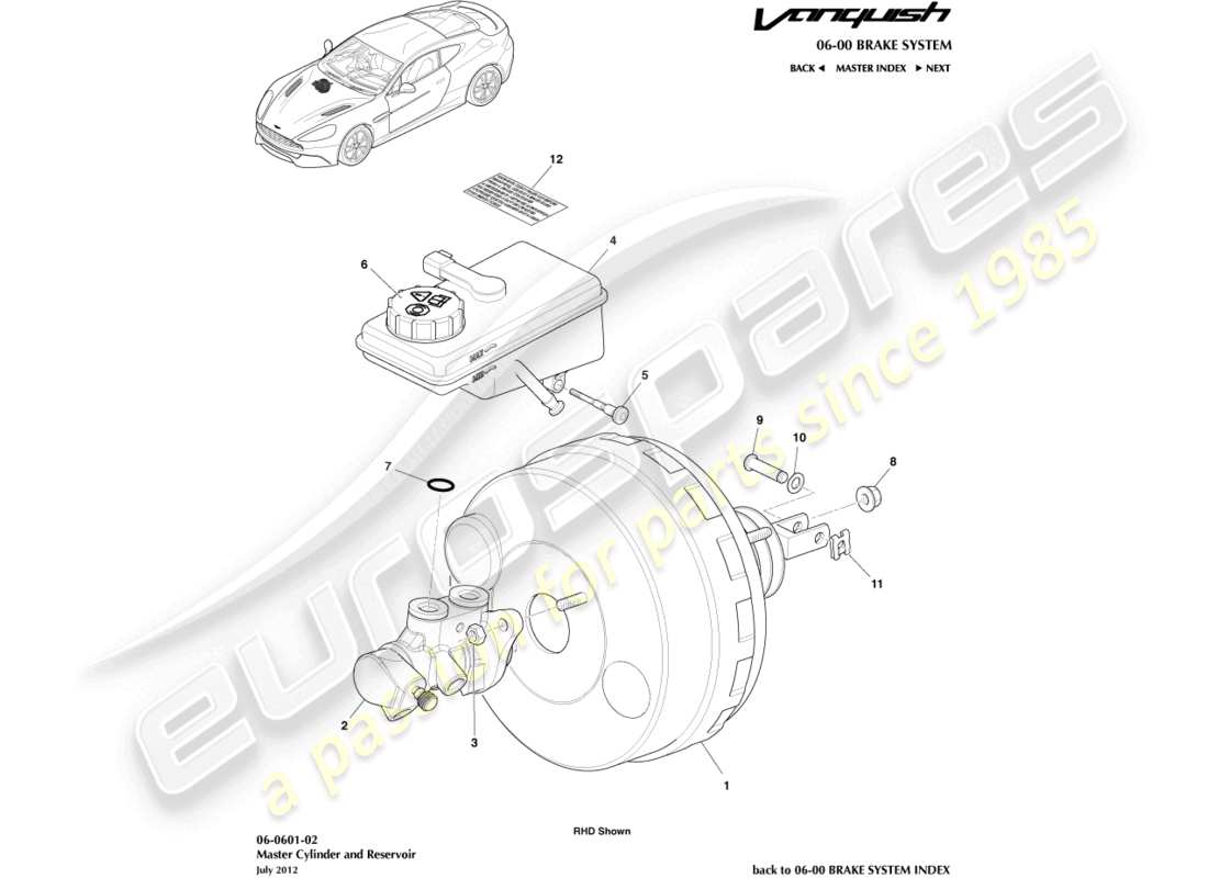 aston martin vanquish (2017) teilediagramm für hauptbremszylinder und behälter