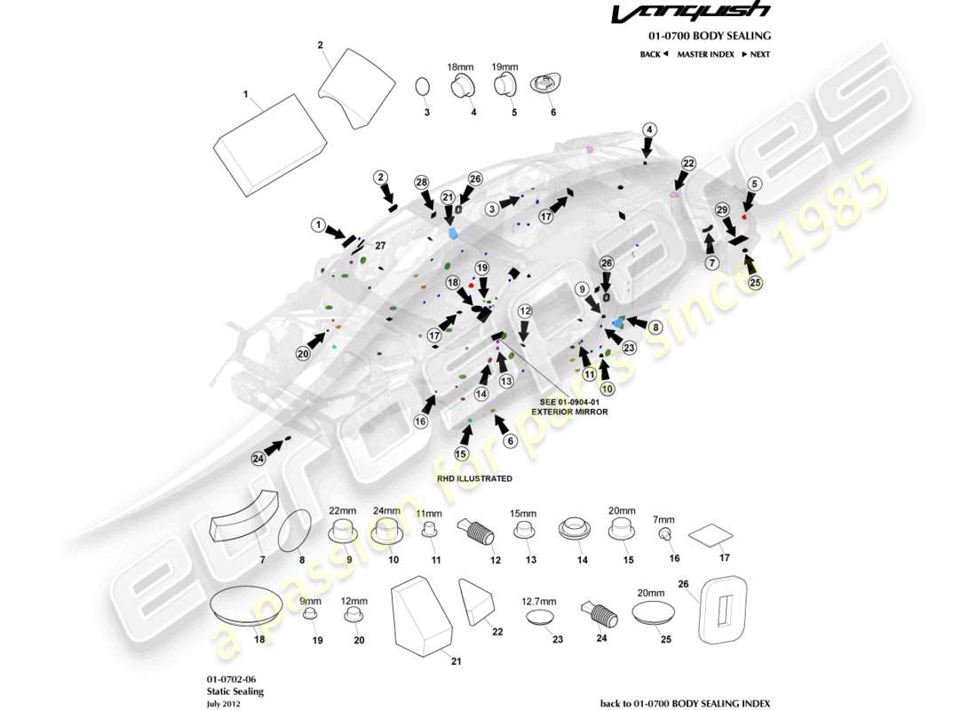 aston martin vanquish (2016) teilediagramm für statische dichtung