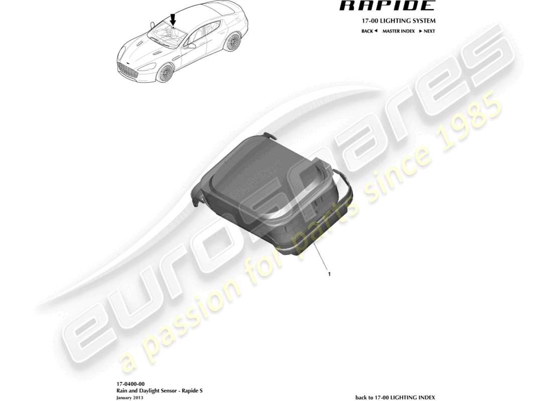 aston martin rapide (2014) teilediagramm des regen- und tageslichtsensors