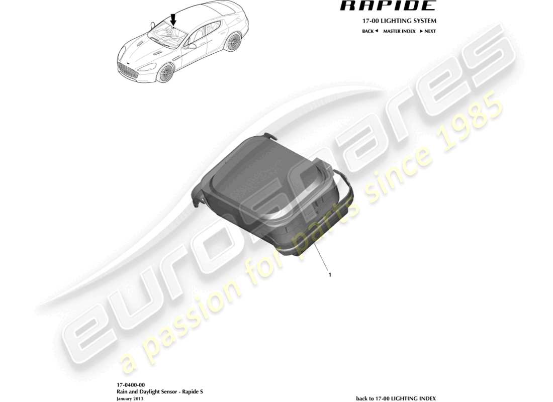 aston martin rapide (2011) teilediagramm des regen- und tageslichtsensors