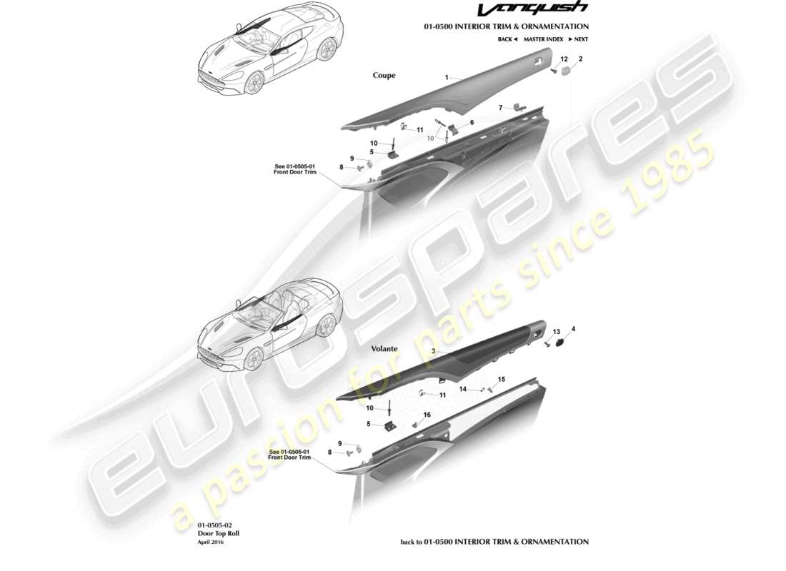 aston martin vanquish (2017) teilediagramm für obere türrolle