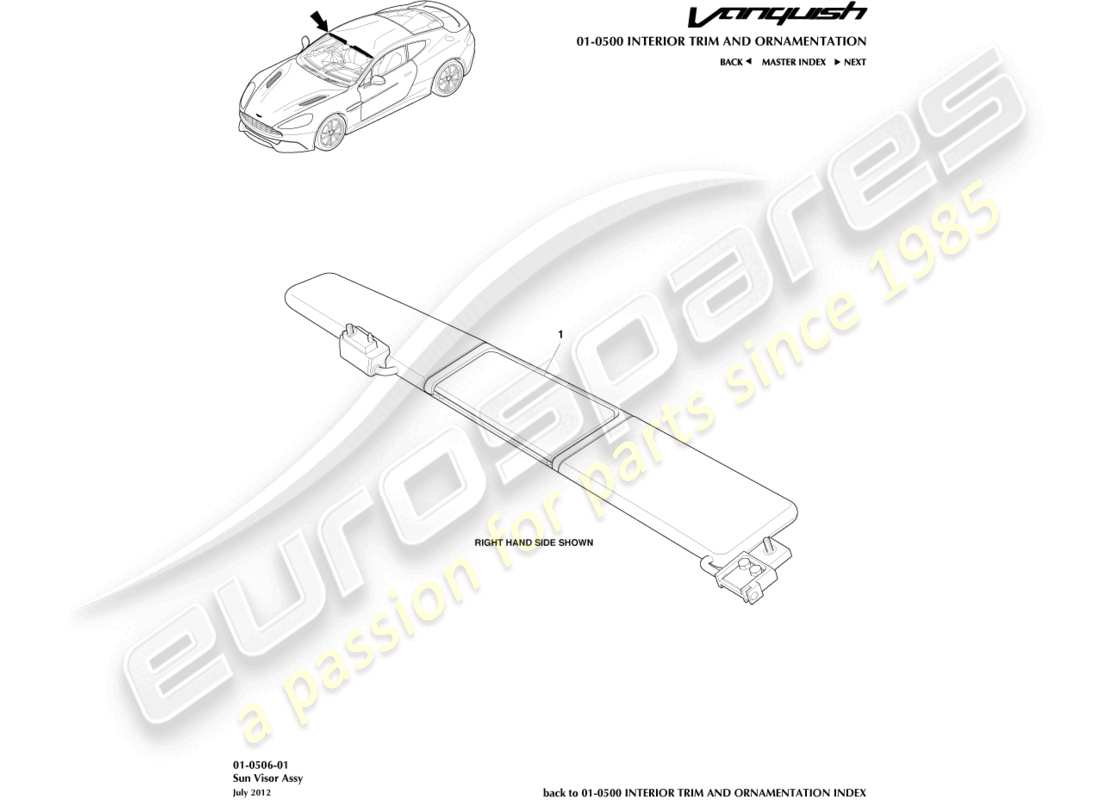 aston martin vanquish (2018) sonnenblenden teilediagramm