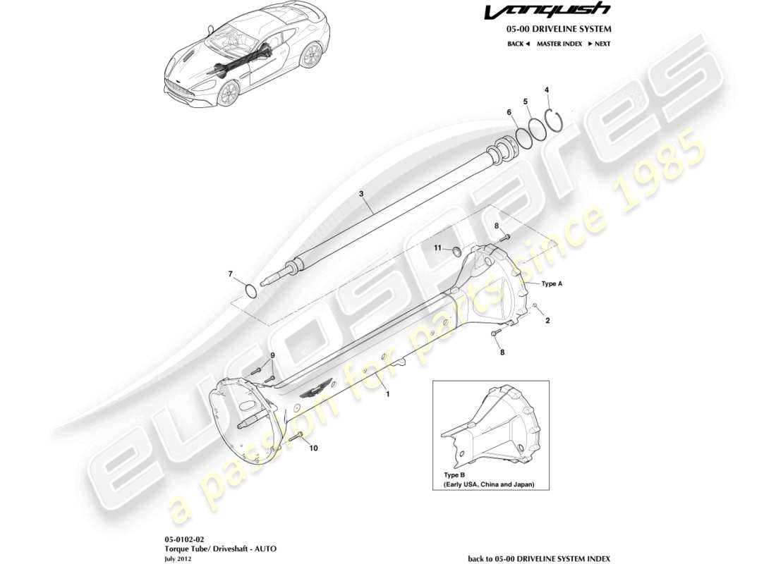 aston martin vanquish (2016) drehmomentrohrbaugruppe, 6 spd ersatzteildiagramm