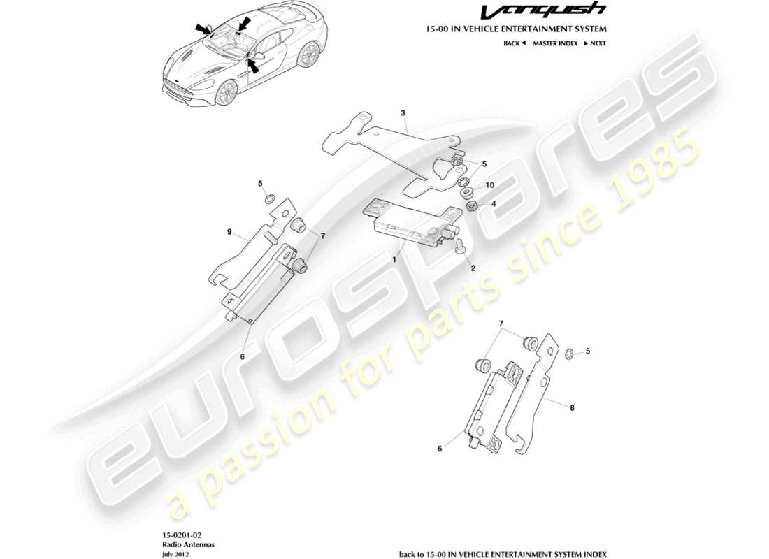 aston martin vanquish (2016) teilediagramm der radioantenne