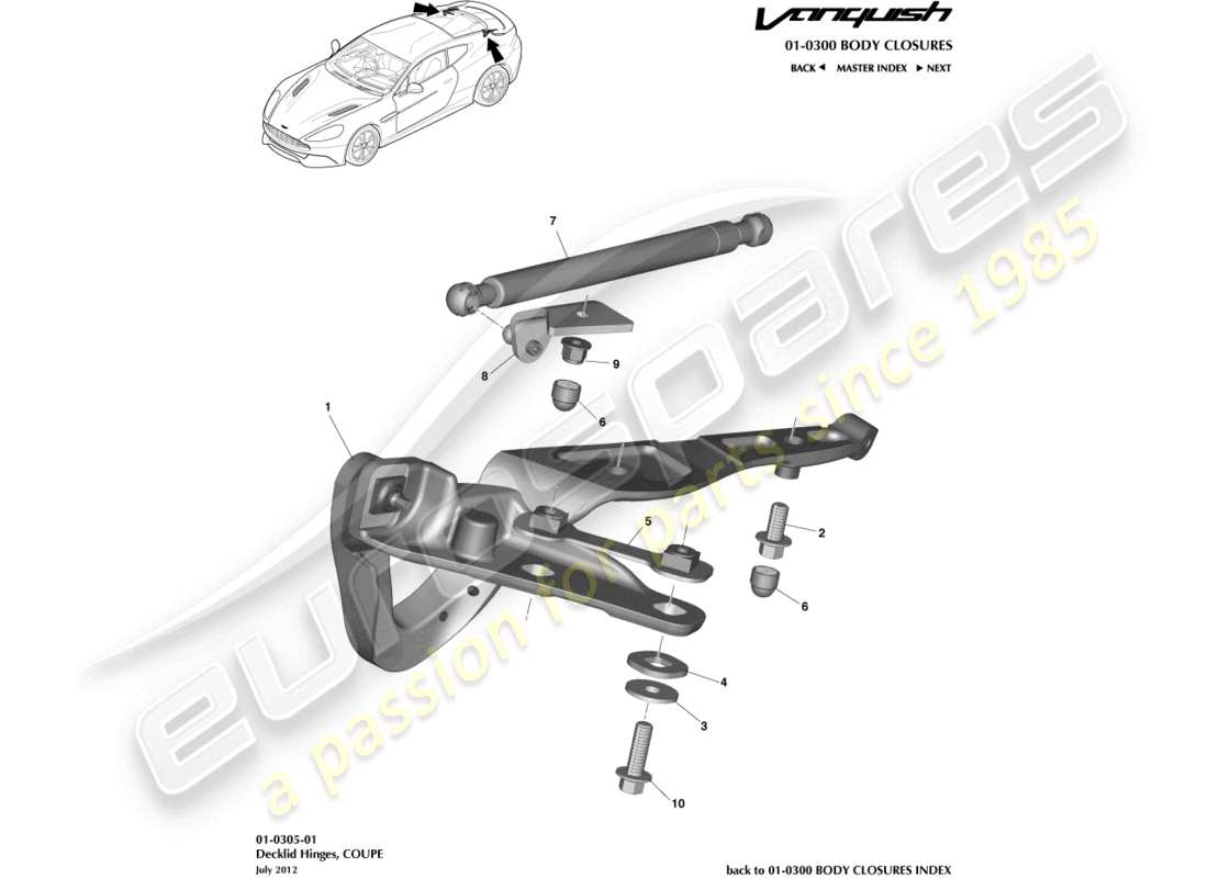 aston martin vanquish (2015) heckklappenscharniere, coupé-teilediagramm
