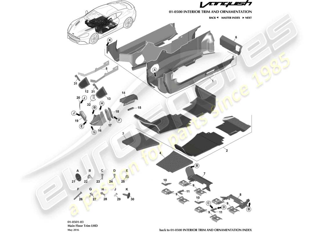 aston martin vanquish (2015) hauptbodenverkleidung, lhd-ersatzteildiagramm