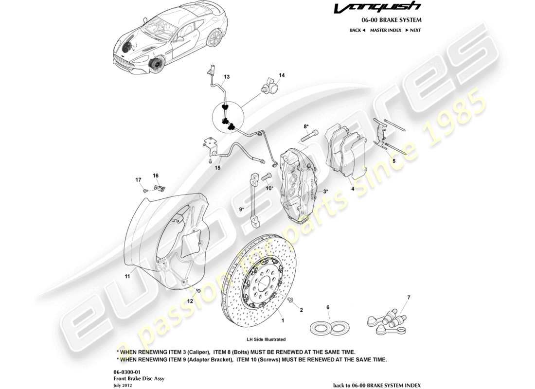 aston martin vanquish (2015) teilediagramm des vorderradbremssystems