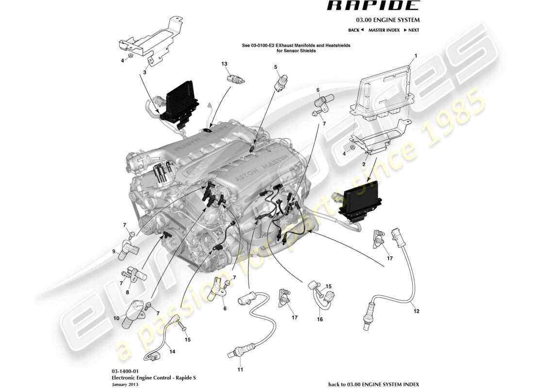 aston martin rapide (2011) teilediagramm der elektronischen motorsteuerung