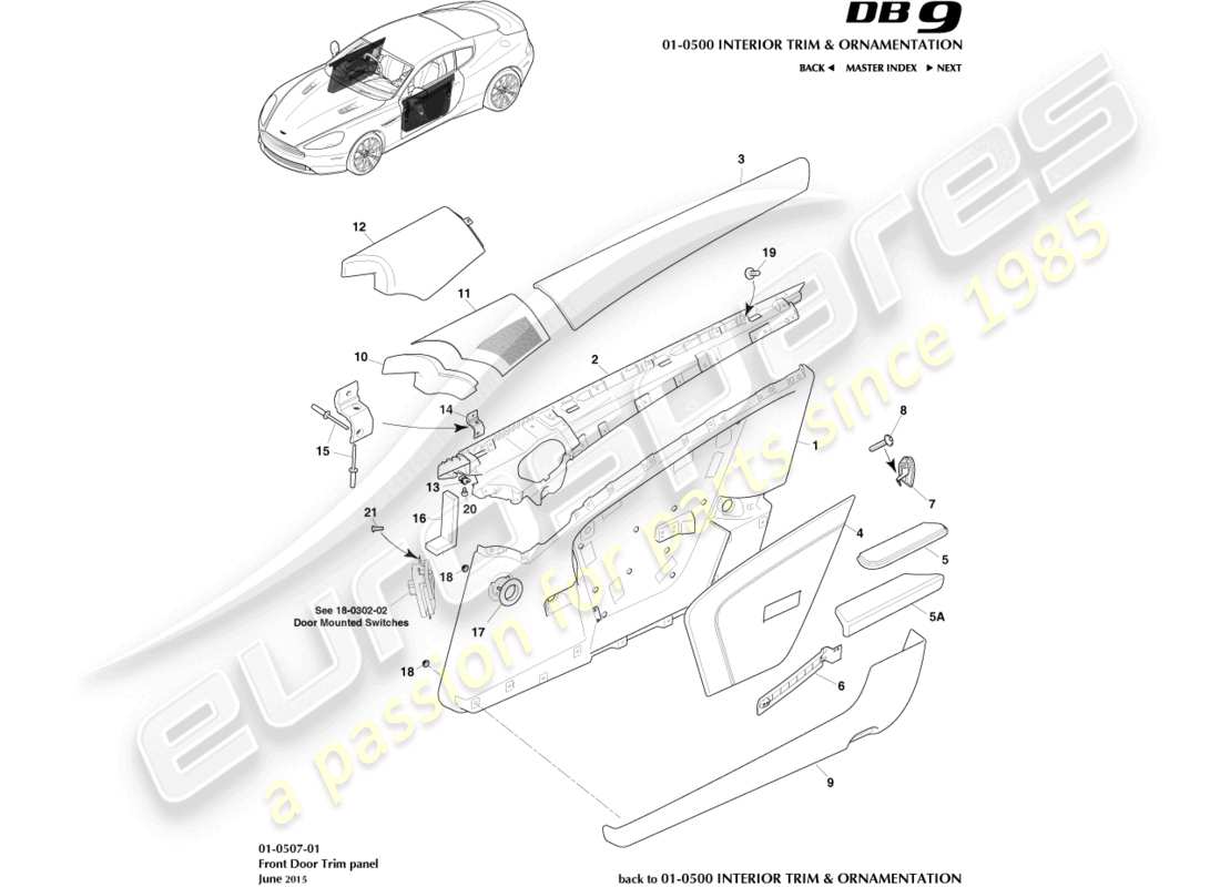 aston martin db9 (2017) teilediagramm der vordertürverkleidung