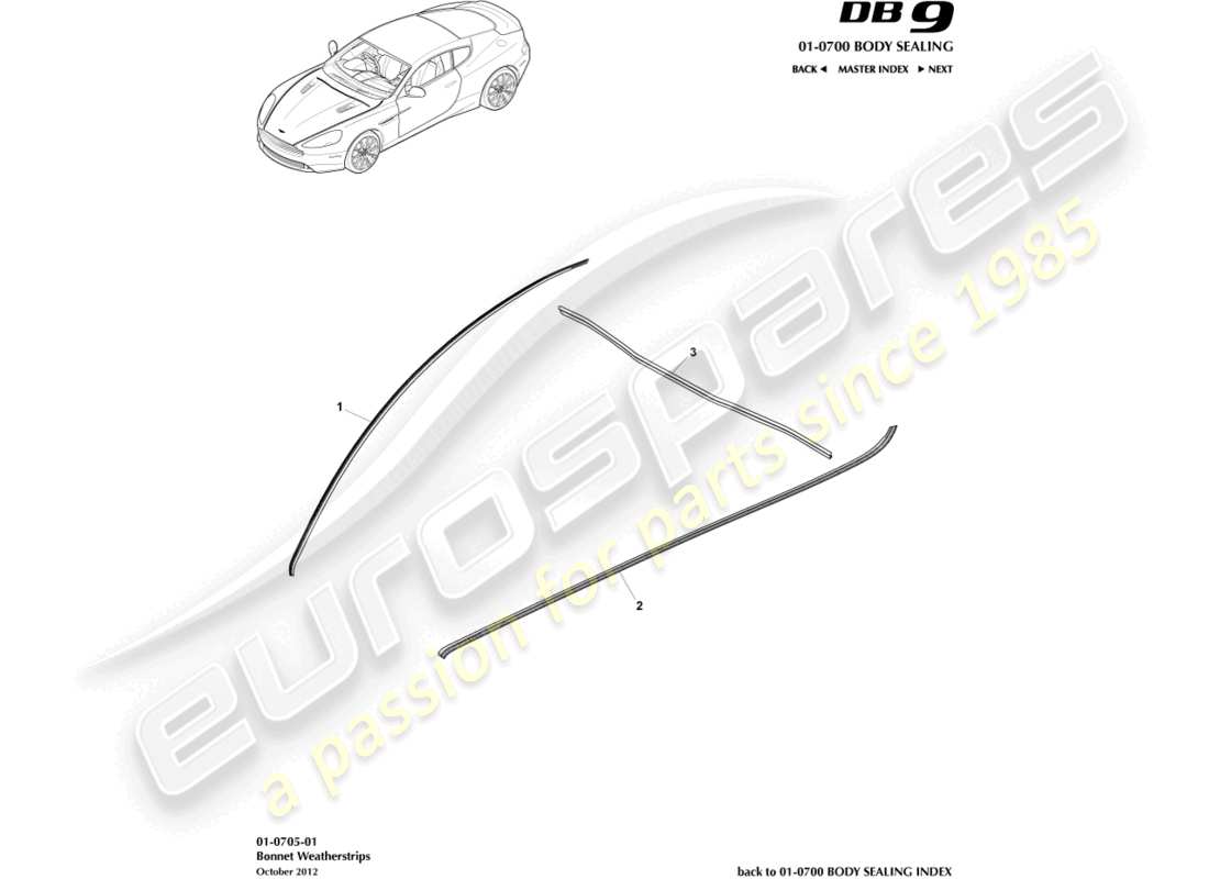 aston martin db9 (2017) teilediagramm für motorhauben-dichtungsstreifen