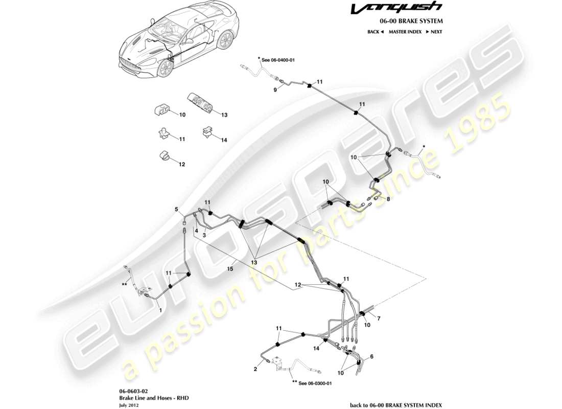 aston martin vanquish (2016) bremsleitungen und -schläuche, rhd-ersatzteildiagramm