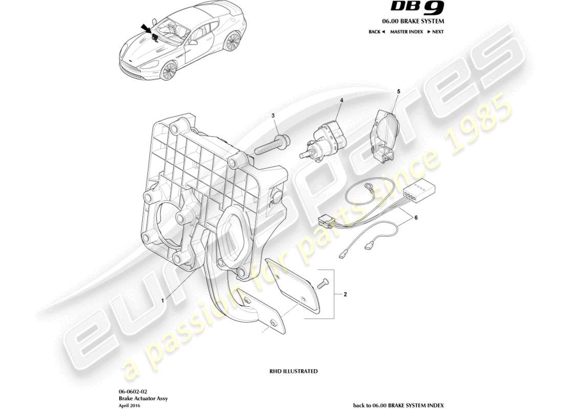 aston martin db9 (2014) teilediagramm der bremsaktuatorbaugruppe
