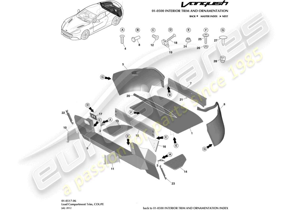 aston martin vanquish (2016) laderaumverkleidung, coupé - teilediagramm