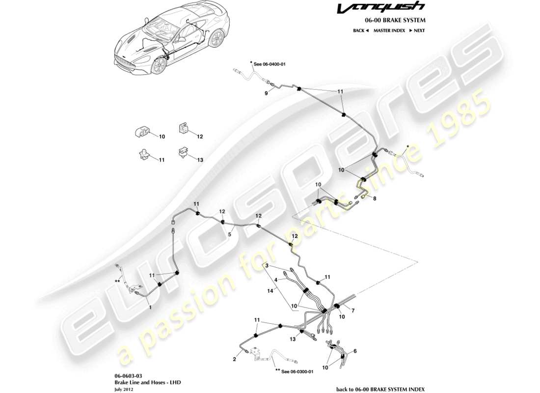 aston martin vanquish (2015) bremsleitungen und -schläuche, lhd-ersatzteildiagramm