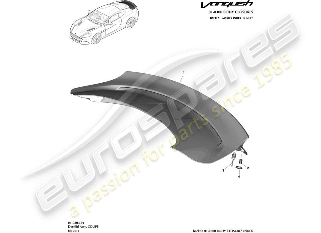 aston martin vanquish (2015) heckklappenbaugruppe, coupé-teilediagramm