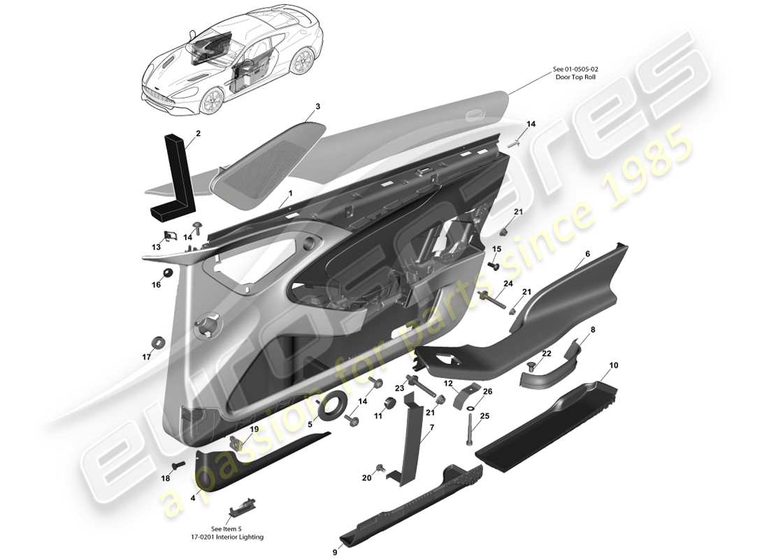 aston martin vanquish (2013) teilediagramm der vordertürverkleidung