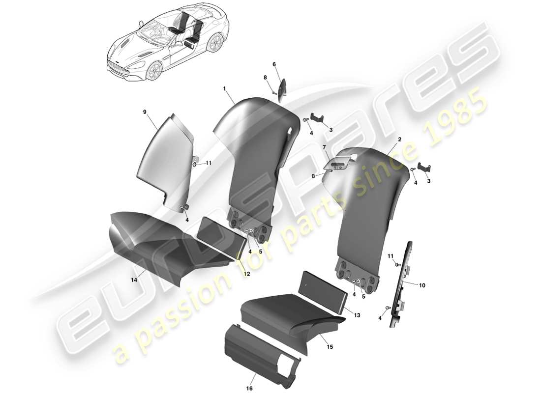 aston martin vanquish (2014) rücksitze, coupé-teilediagramm