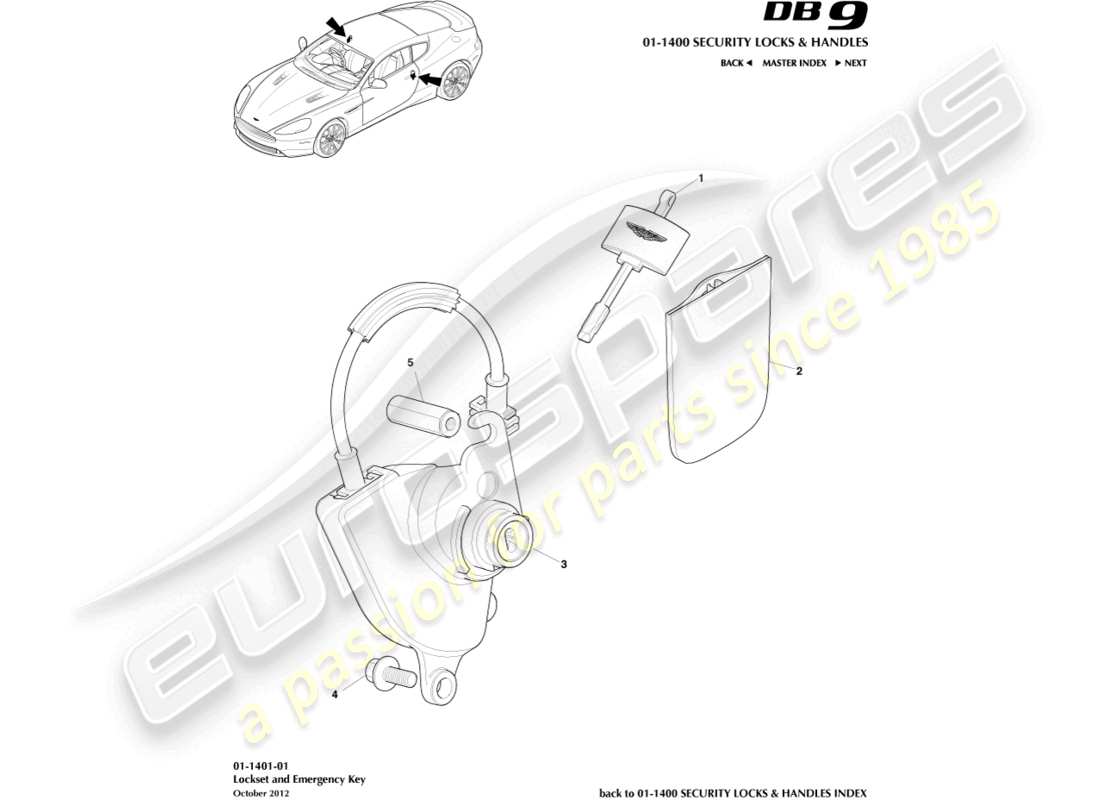 aston martin db9 (2013) teilediagramm für schlosssatz und schlüssel