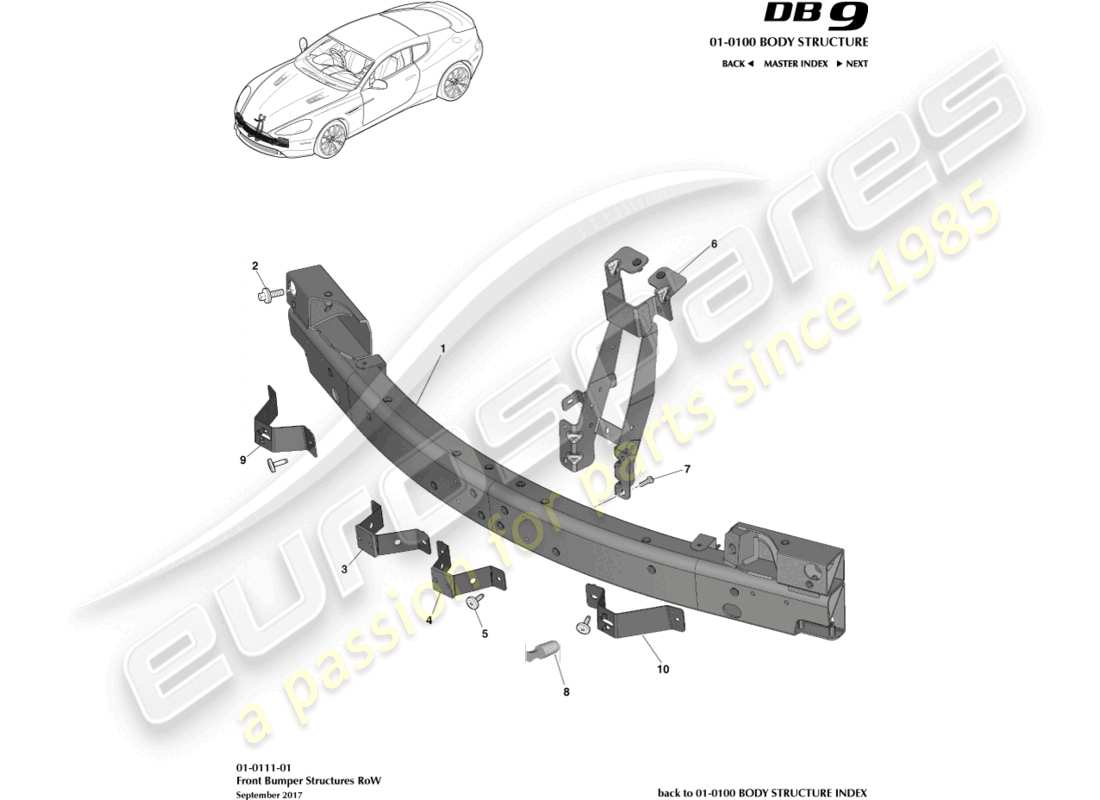 aston martin db9 (2016) frontstoßfängerstruktur, row-teilediagramm