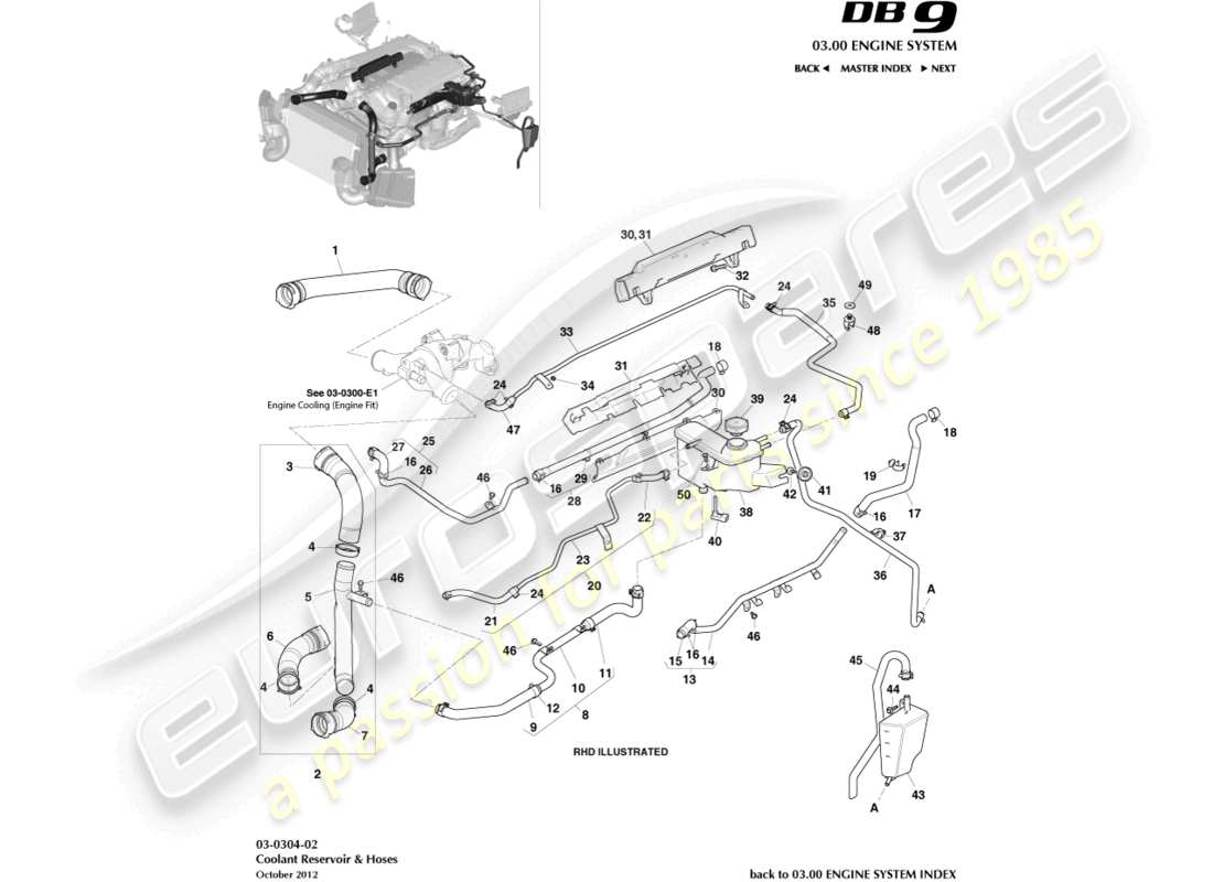 aston martin db9 (2016) teilediagramm für kühlmittelbehälter und schläuche