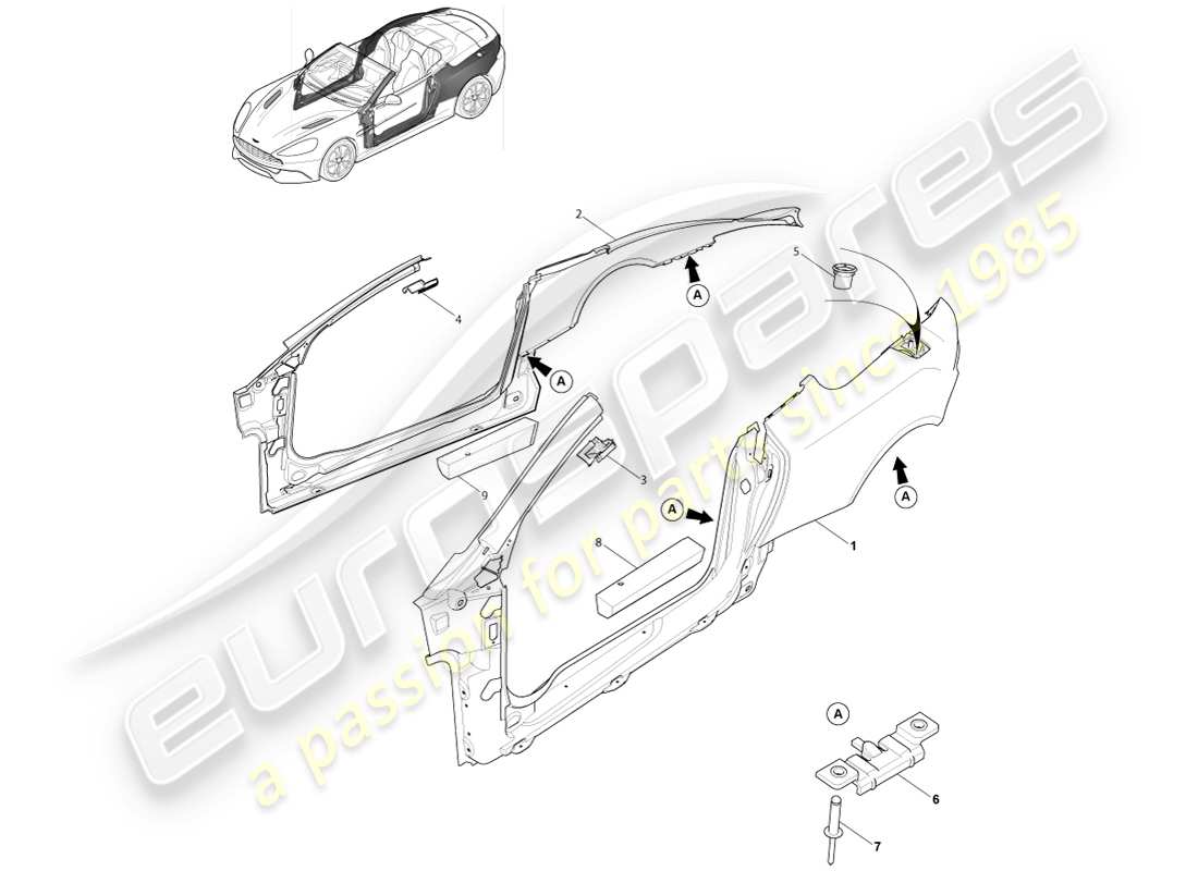 aston martin vanquish (2013) karosserieseite, volante-teilediagramm
