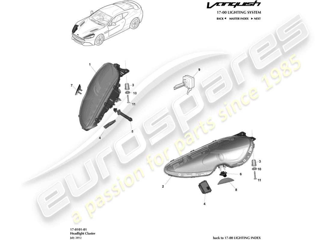 aston martin vanquish (2017) scheinwerfer ersatzteildiagramm
