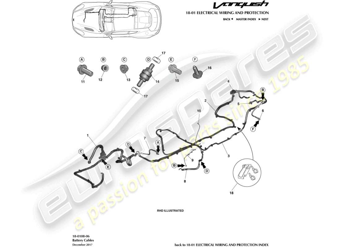 aston martin vanquish (2016) teilediagramm für batteriekabel