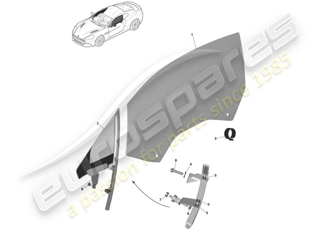 aston martin vanquish (2013) teilediagramm für vordertürglas
