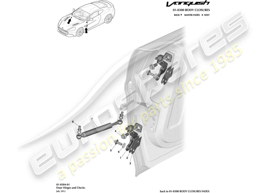 aston martin vanquish (2018) türscharnierbaugruppe teilediagramm