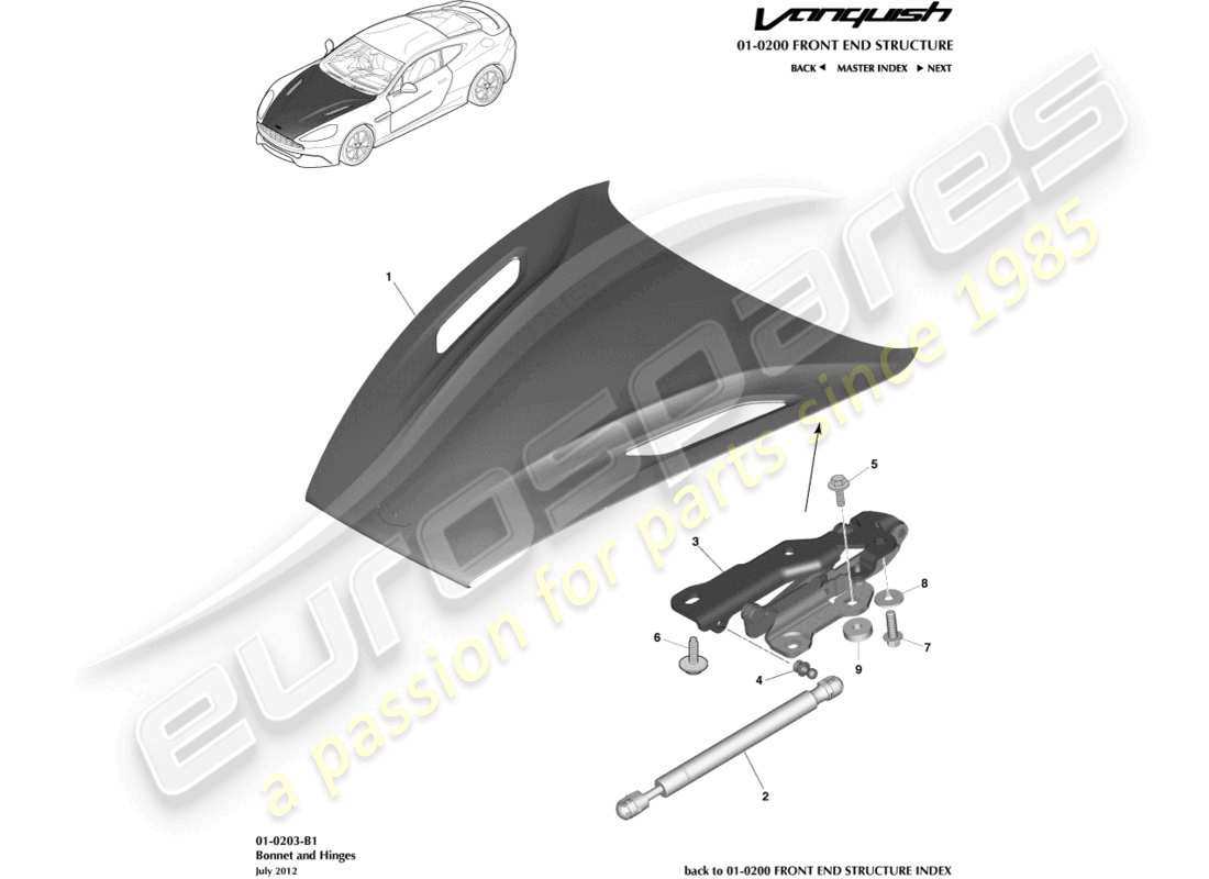 aston martin vanquish (2016) teilediagramm für motorhaube und scharniere