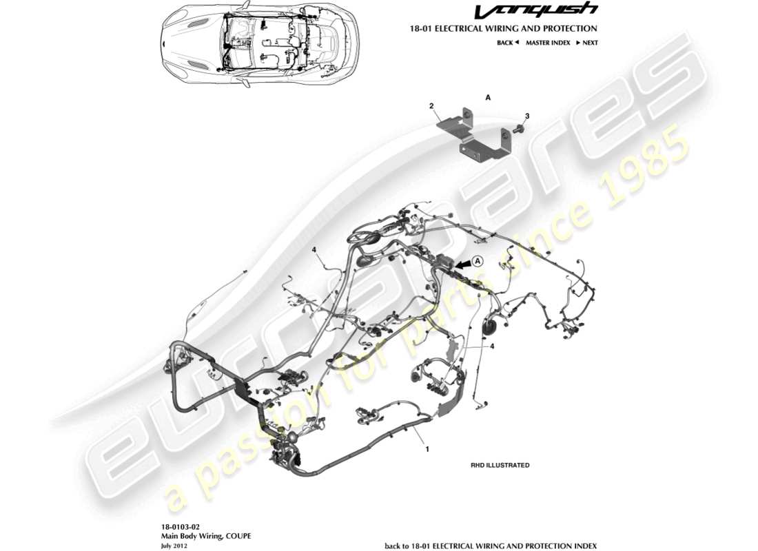 aston martin vanquish (2016) karosseriekabelbaum, coupé-teilediagramm
