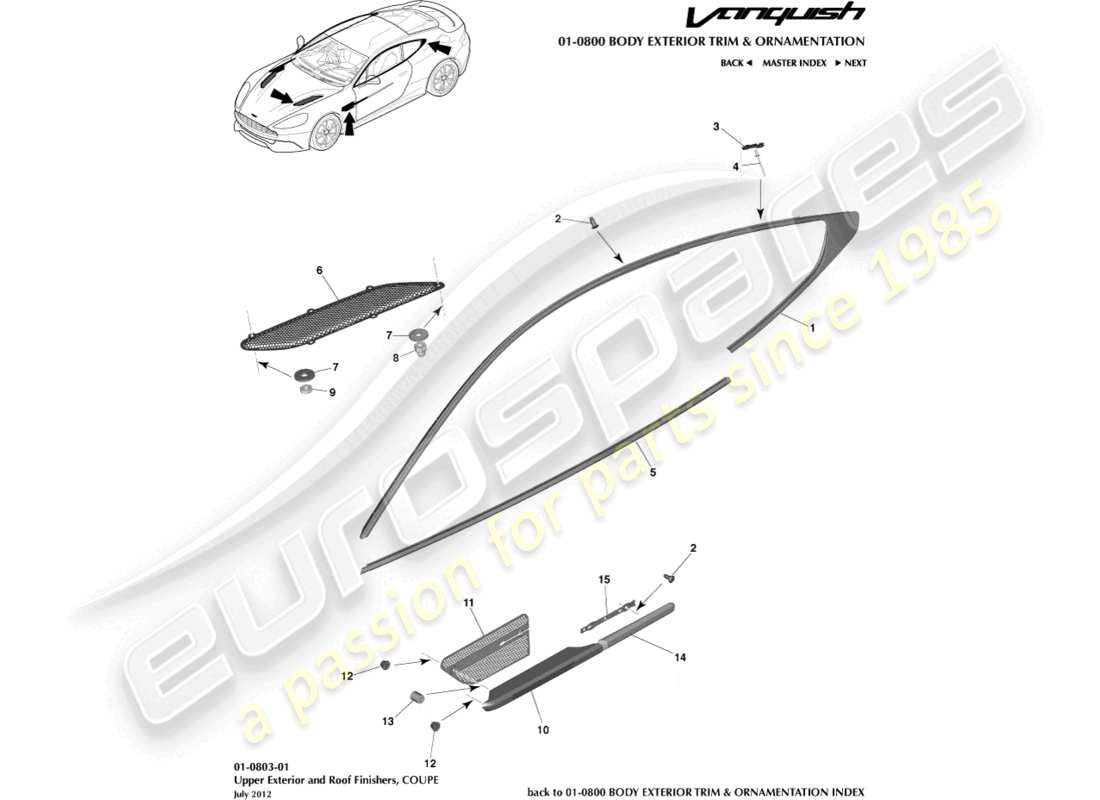 aston martin vanquish (2018) obere außenverkleidung, coupé teilediagramm