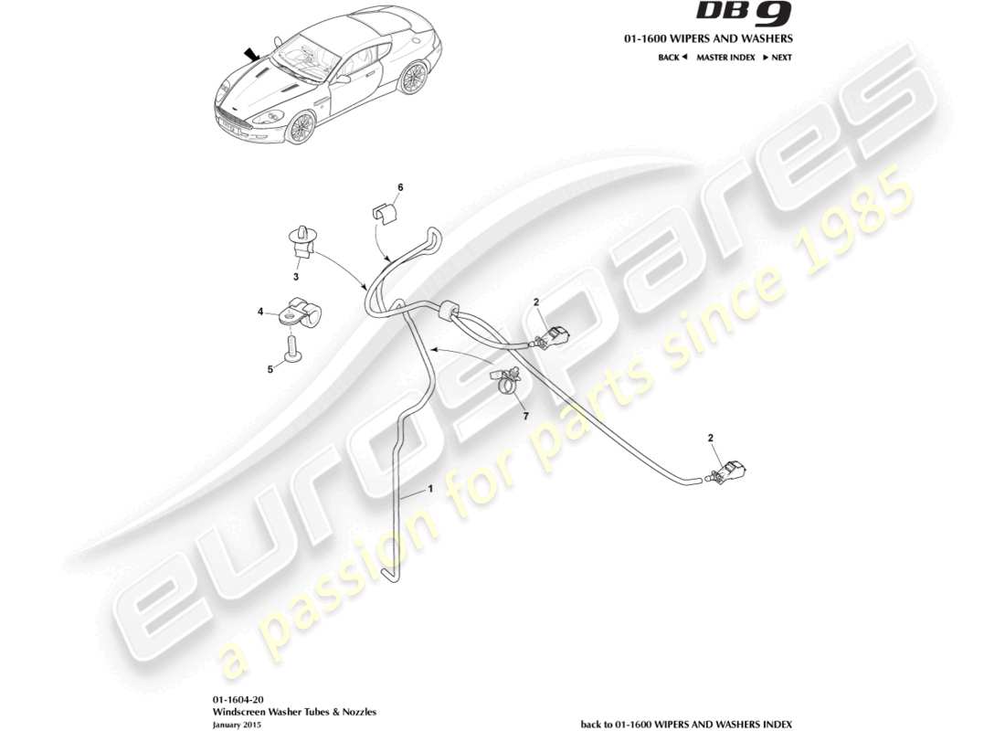 aston martin db9 (2012) teilediagramm für scheibenwaschanlage